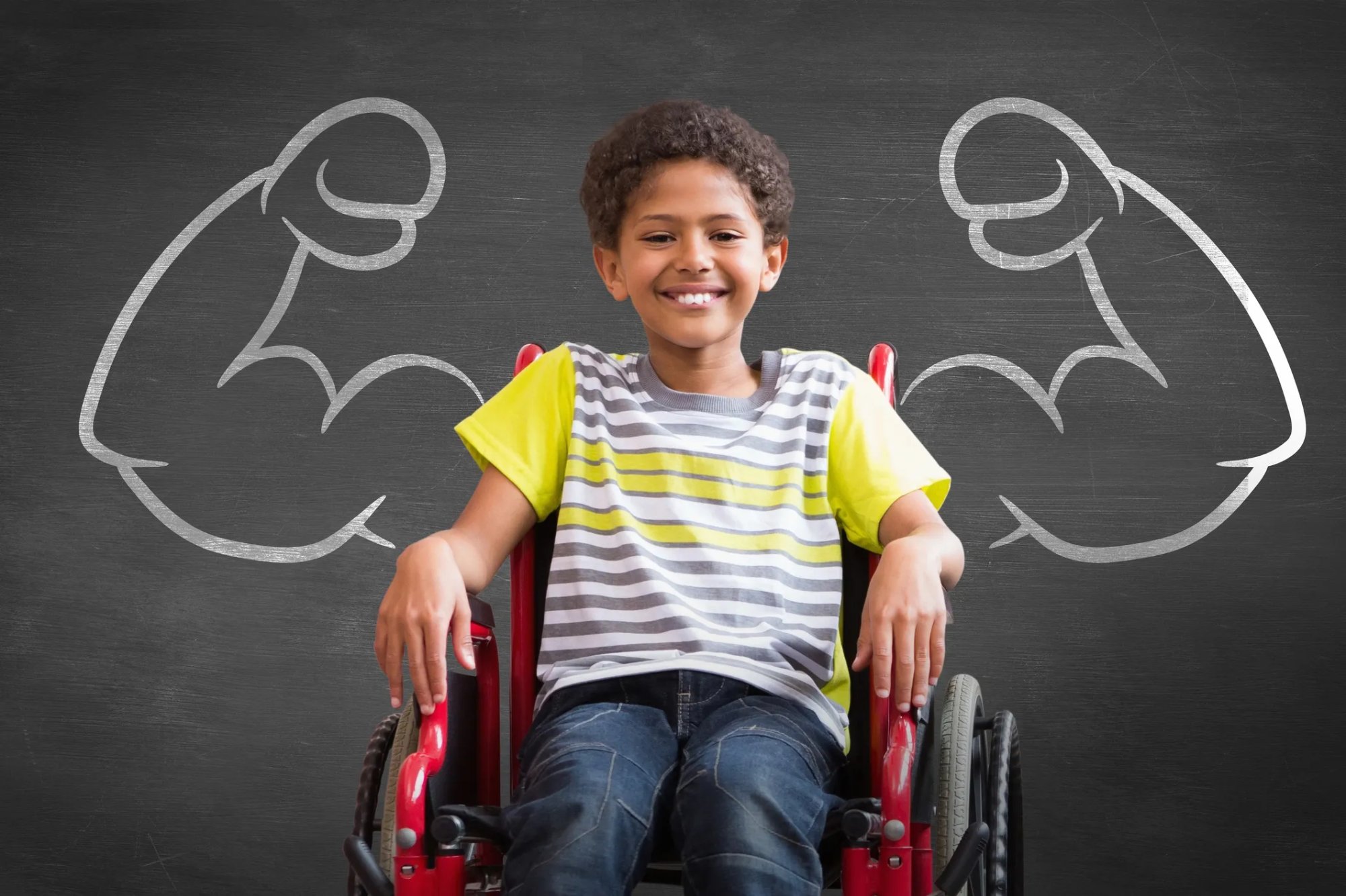 Strong smiling child in wheelchair